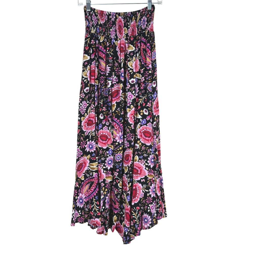 VTG Cynthia Rowley Floral Maxi Skirt Size S Black Pink Tiered Boho Smocked Fairy - Picture 3 of 8